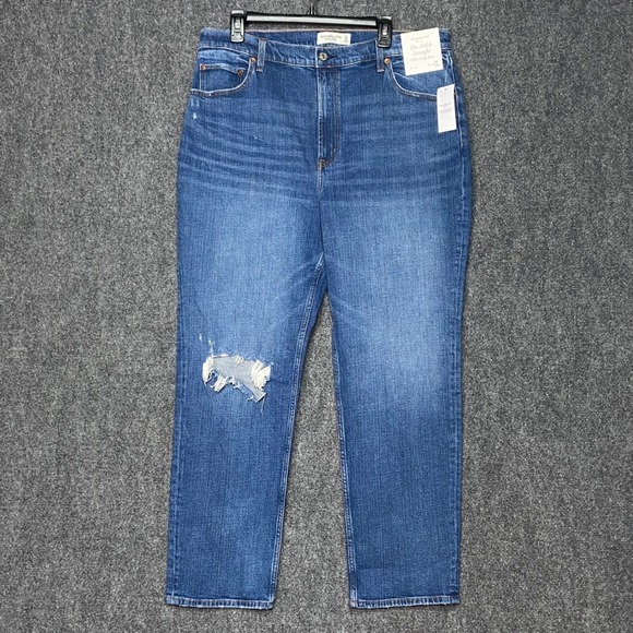 Abercrombie & Fitch Ankle Straight Ultra HR Blue Jeans Women's 34/18L Distressed - Picture 1 of 9